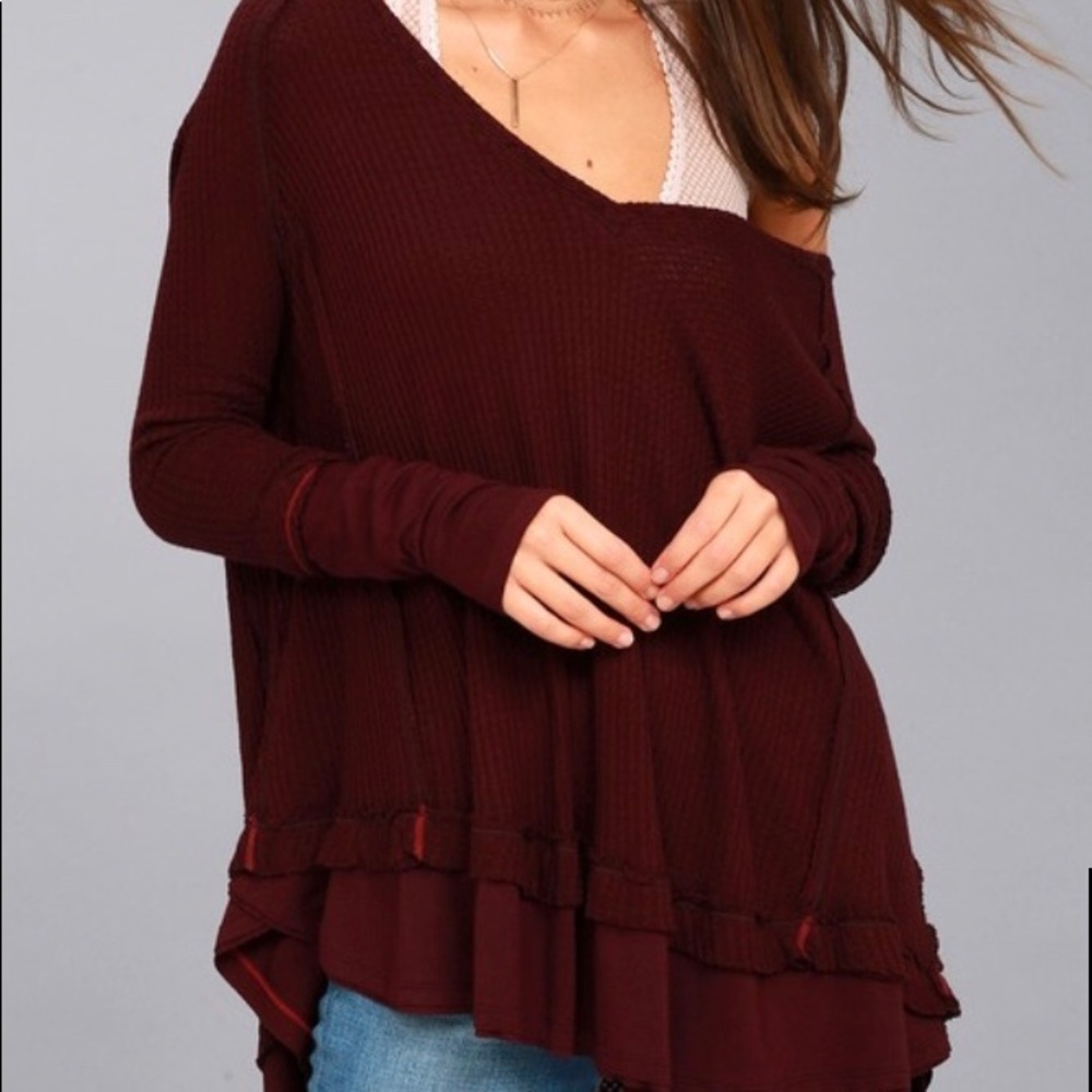 Free People Long Sleeve Off-Shoulder Waffle Knit Top in Burgundy